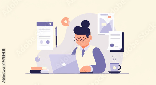 Person with glasses working on a laptop with books and coffee