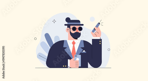 Stylish man in suit with smartphone and stylus, abstract background