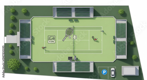 Overhead view of a tennis court with players and spectators.