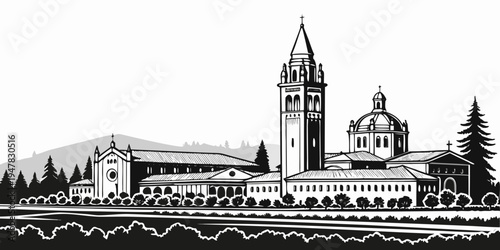 USA, US, U.S, United States - Santa Rosa California Skyline – Wine Country Architecture Monochrome Panorama | USA Vineyard Art & Minimalist Scenic Travel Poster Design