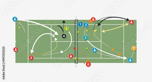 Tennis Court Strategy Diagram with Player Movements and Ball Trajectories.