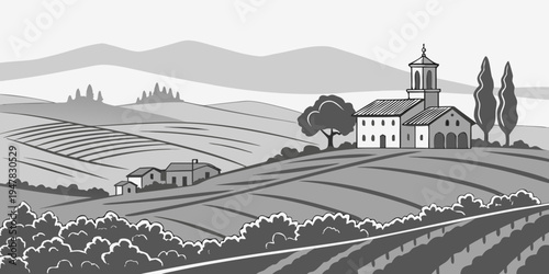 USA, US, U.S, United States - Sonoma California Skyline – Wine Country Architecture Monochrome Panorama | USA Vineyard Art & Minimalist Scenic Travel Poster Design