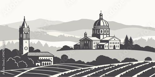 USA, US, U.S, United States - Santa Rosa California Skyline – Wine Country Architecture Monochrome Panorama | USA Vineyard Art & Minimalist Scenic Travel Poster Design