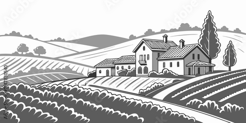 USA, US, U.S, United States - Sonoma California Skyline – Wine Country Architecture Monochrome Panorama | USA Vineyard Art & Minimalist Scenic Travel Poster Design