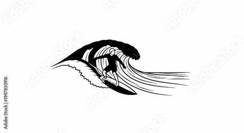 Person surfing a large wave, dynamic black and white illustration