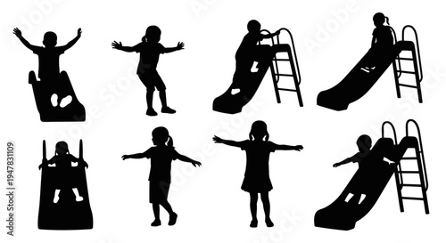 Children Silhouettes Playing on Slides and Standing Joyfully Outdoors
