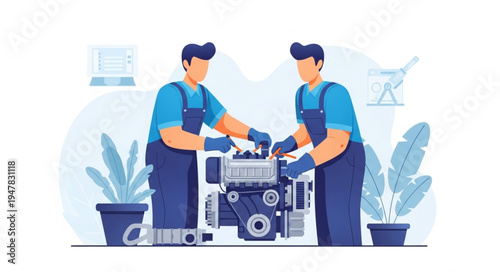 Two Men Working on Engine.