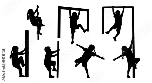 Children Silhouettes Playing on Outdoor Playground Equipment