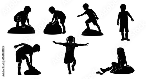 Children Silhouettes Playing Outdoors on White Background
