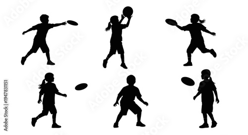 Children Silhouettes Playing Sports: Frisbee, Ball Toss, Running, Catching