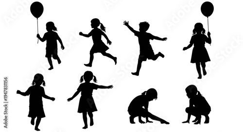 Children Silhouettes Playing Outdoors: Running, Jumping, Holding Balloons, Diverse Activities