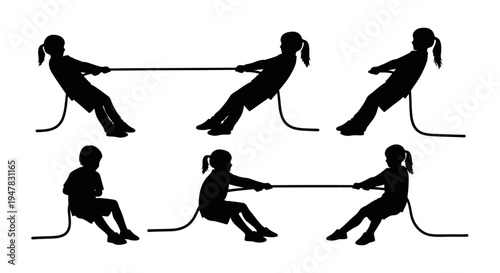 Children Silhouettes Playing Tug of War Game, Outdoor Activity, Teamwork Concept