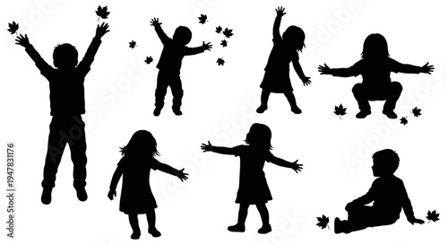 Children Silhouettes Playing with Autumn Leaves in Various Poses
