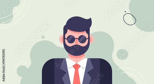 Stylish man with beard, sunglasses, and suit. Minimalist abstract background