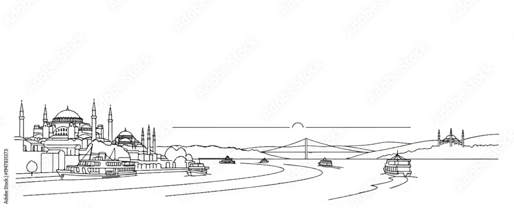 Obraz premium Sketch of a city skyline with domes, minarets, bridges, and boats on water
