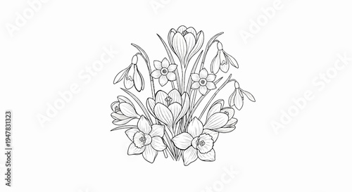 Sketch of a bouquet of spring flowers, including crocuses and daffodils