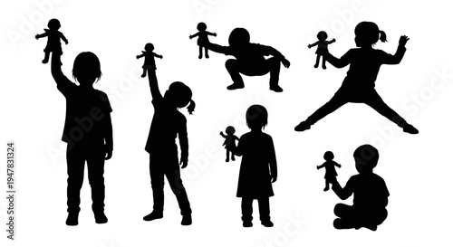 Children Silhouettes Playing with Dolls, Diverse Poses, Joyful Childhood Activities, Vector Illustration