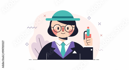 Stylized cartoon character in a hat, suit, and tie, holding a drink