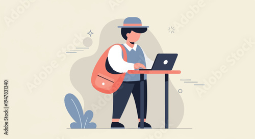 Person with hat and bag using laptop at a stand