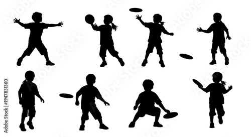 Children Silhouettes Playing with Frisbee and Ball, Outdoor Activities