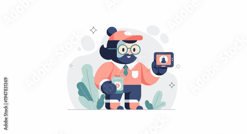 Stylized cartoon character in casual attire holding a phone and a cup