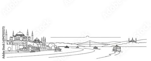 Sketch of a city skyline with domes, minarets, bridges, and boats on water