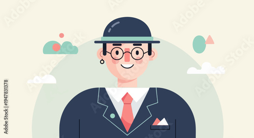 Stylish person in a hat and suit, with abstract shapes and clouds