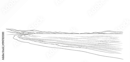 Sketch of a curving shoreline with distant, rolling hills and calm waters