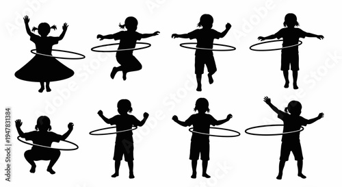Children Silhouettes Playing with Hula Hoops - Dynamic Actions and Fun Poses