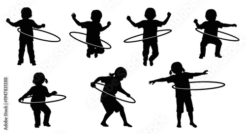 Children Silhouettes Playing with Hula Hoops: Dynamic Poses of Fun and Activity
