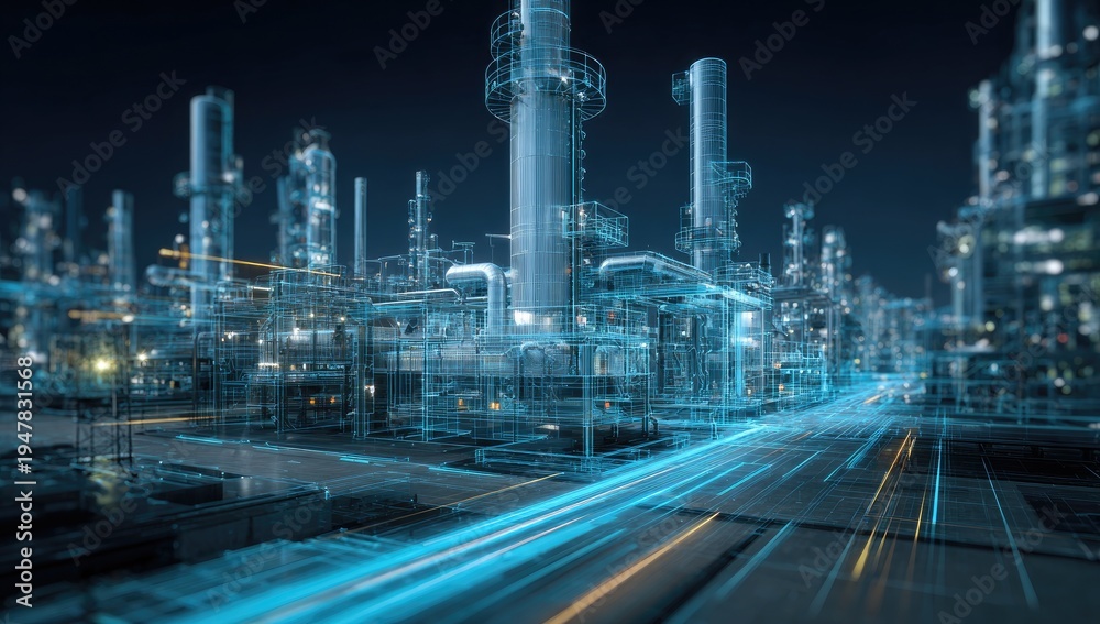 Fototapeta premium Futuristic Industrial Complex with Blue Light Trails at Night.