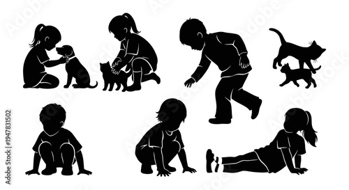 Children Silhouettes Playing with Pets, Kids Activities, Outdoor Fun, Vector Graphics