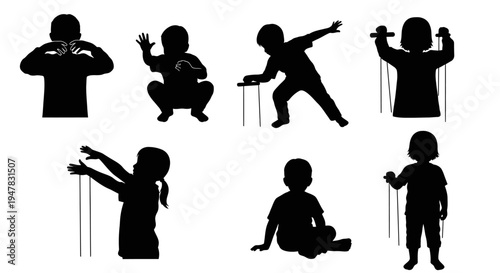 Children Silhouettes Playing with Puppets, Diverse Poses and Actions