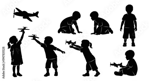 Children Silhouettes Playing with Toy Airplanes, Childhood Imagination and Fun