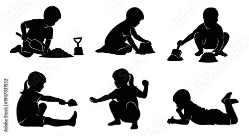 Children Silhouettes Playing with Sand, Beach Activities, Summer Fun