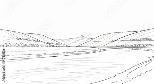 Sketch of a village nestled in rolling hills beside a winding river