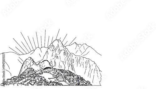 Sketch of ancient stone ruins nestled in mountains with sun rays