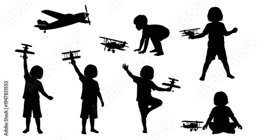 Children Silhouettes Playing with Toy Airplanes, Imagination and Childhood Fun
