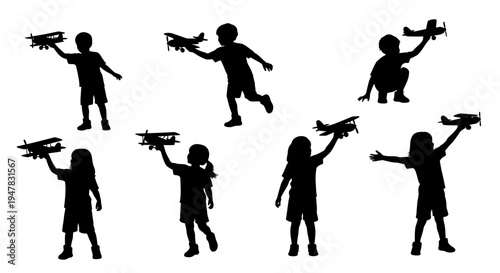 Children Silhouettes Playing With Toy Airplanes, Imagination and Childhood Dreams