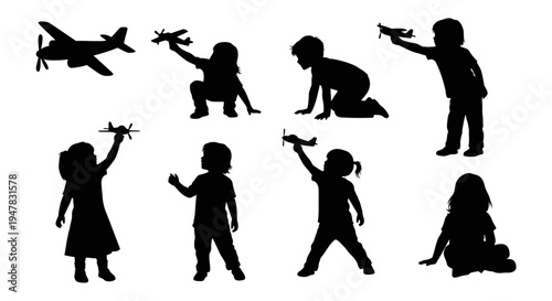 Children Silhouettes Playing with Toy Airplanes, Imagination and Childhood Dreams