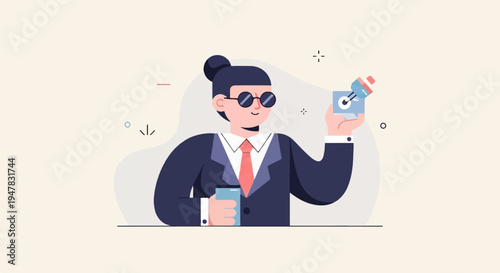 Stylish person in suit holding mobile and aiming target