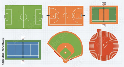 Diverse Sports Fields - Soccer, Basketball, Volleyball, Tennis, Baseball, Track.