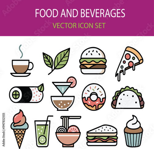 Food and Beverage Vector Icons Set with Coffee, Burger, Pizza, Sushi and Drinks
