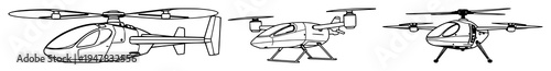 Electric vertical takeoff and landing craft set with minimalist line art featuring urban air mobility, electric aircraft, aviation with white background and flat design