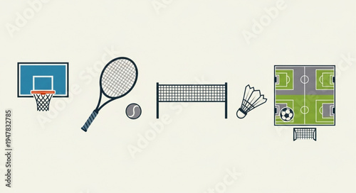 Diverse Sports Equipment Illustration Showcasing Basketball, Tennis, Badminton, and Soccer.