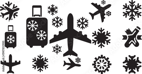Winter Travel Concept with Airplanes and Snowflakes Silhouette