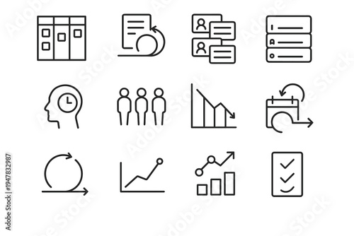 Agile Workflow Icons. Agile workflow management. Line outline icon set of Agile workflow management: scrum