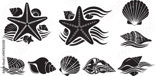 Black and white seashells starfish ocean icons set