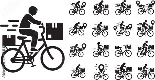 Delivery cyclist icons with various service symbols included