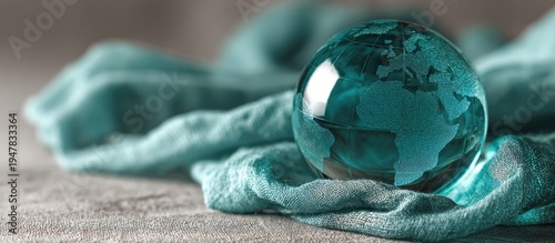 Wallpaper Mural Glass globe resting on soft teal fabric, symbolizing global connection and environmental care. Torontodigital.ca